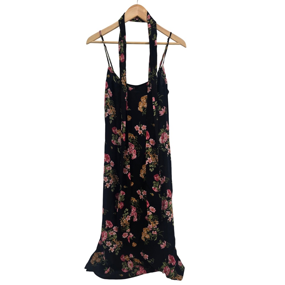 Reformation Midi Dress Womens 6 Floral Black Pink Scarf Neck Viscose EUC